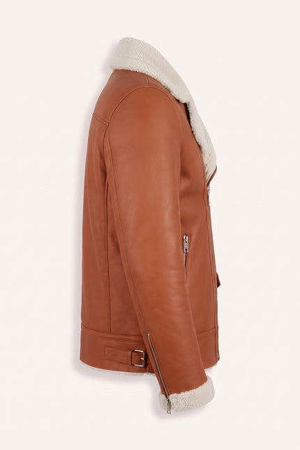 Vegan Shearling Biker Jacket - Brown - Side View