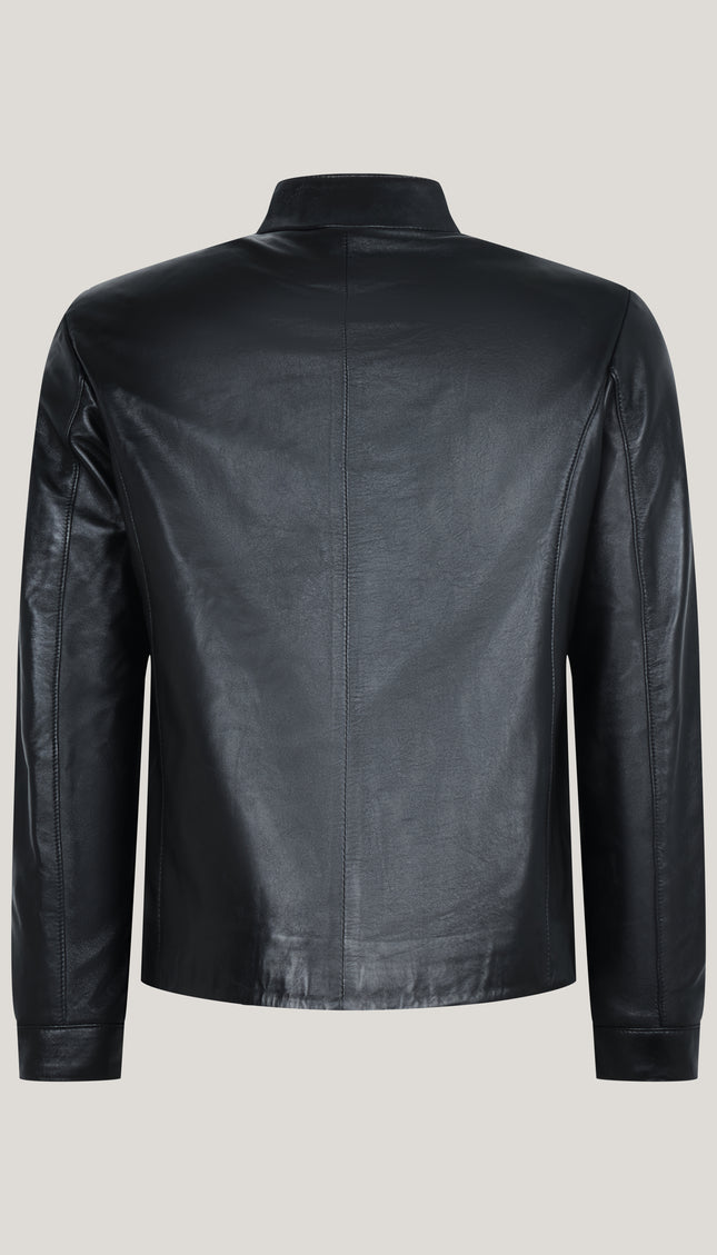 Asymmetrische Leder-Motorradjacke mit Reißverschluss – Schwarz