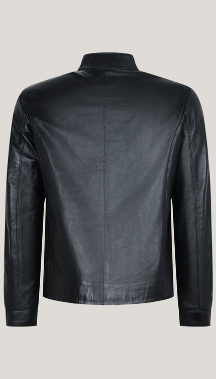 Asymmetrische Leder-Motorradjacke mit Reißverschluss – Schwarz