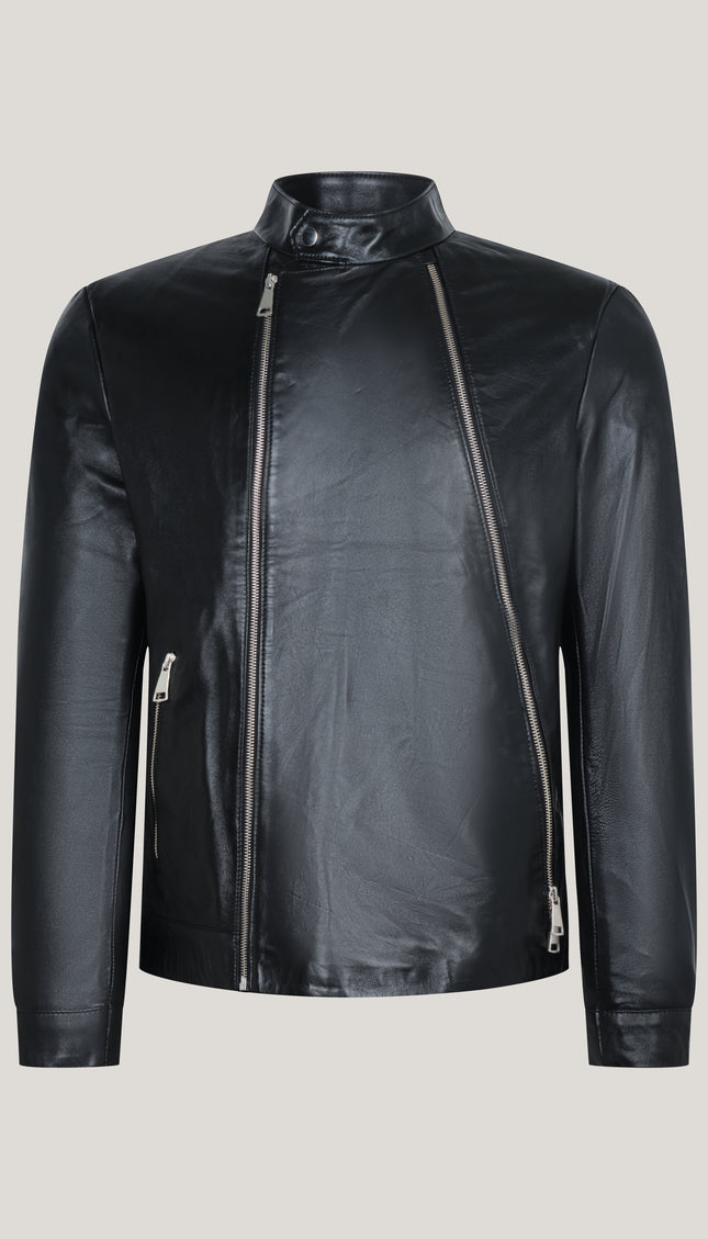 Asymmetrische Leder-Motorradjacke mit Reißverschluss – Schwarz