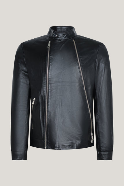 Men's Asymmetrical Zipper Leather Moto Jacket - Black - Ron Tomson