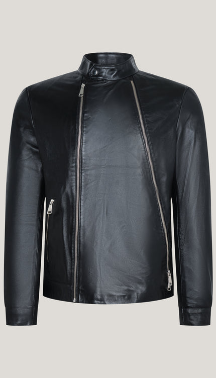 Asymmetrische Leder-Motorradjacke mit Reißverschluss – Schwarz