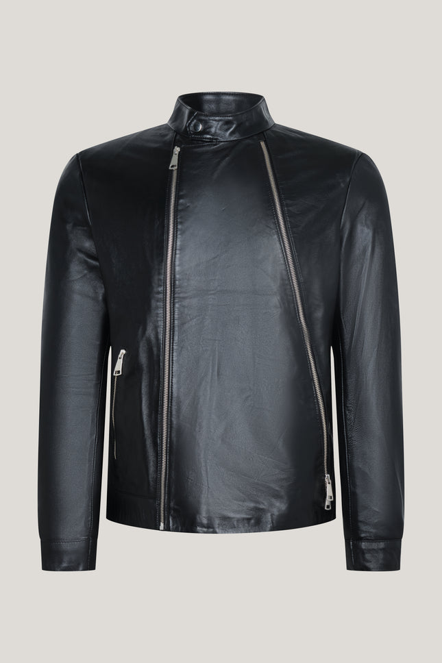Men's Asymmetrical Zipper Leather Moto Jacket - Black - Ron Tomson
