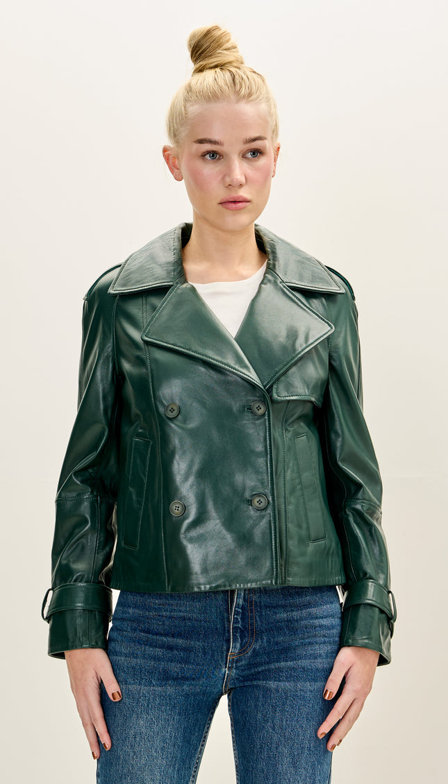 Trench-coat court croisé en cuir d'agneau - Vert