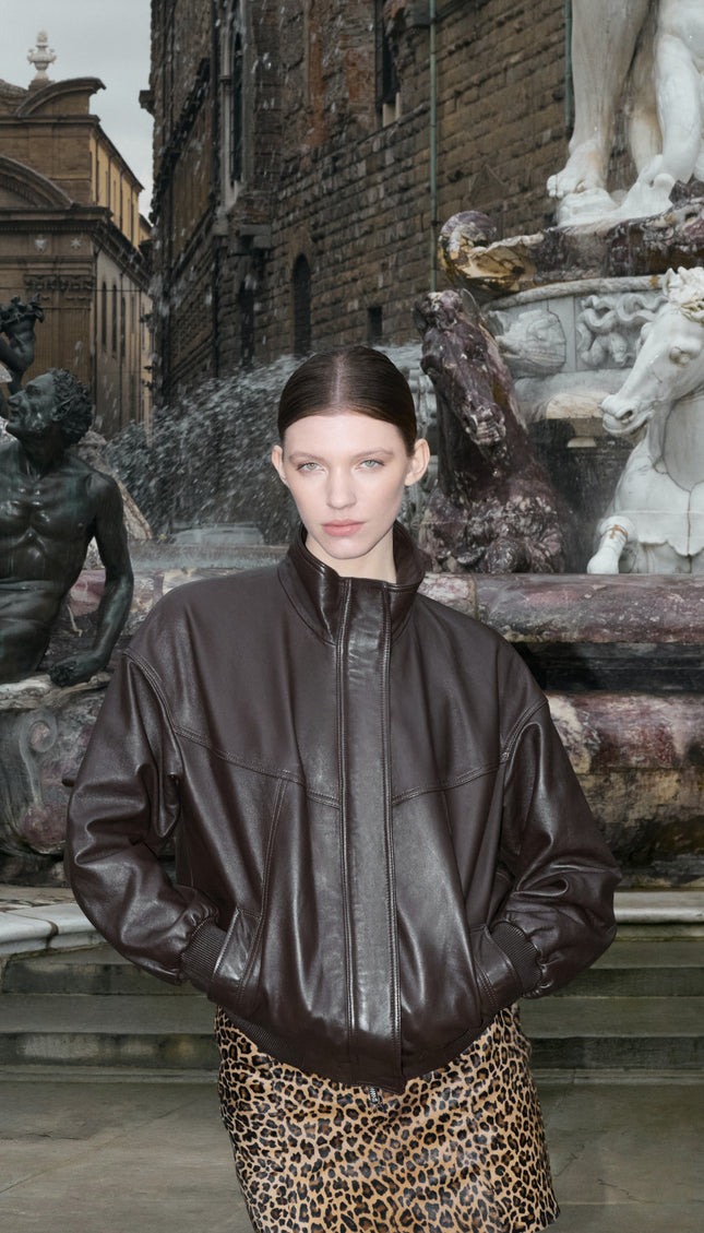 High Collar Leather Bomber Jacket - Dark Brown