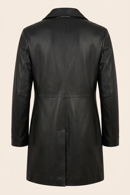 Men's Double Breasted Leather Coat - Black - Back - Ron Tomson