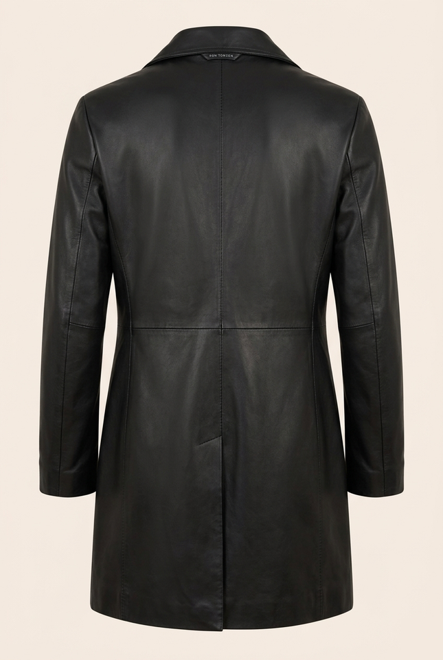 Men's Double Breasted Leather Coat - Black - Back - Ron Tomson