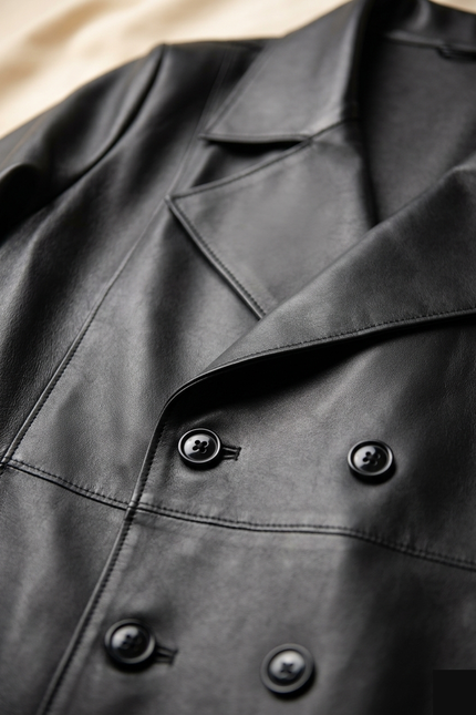 Men's Double Breasted Leather Coat - Black - Detail - Ron Tomson