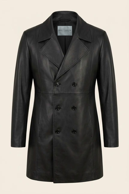 Men's Double Breasted Leather Coat - Black - Ron Tomson