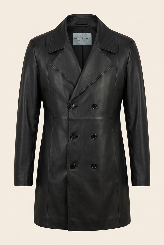 Men's Double Breasted Leather Coat - Black - Ron Tomson