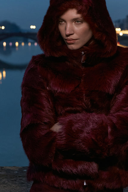 Women's Hooded Curly Toscana Shearling Jacket - Burgundy | Ron Tomson