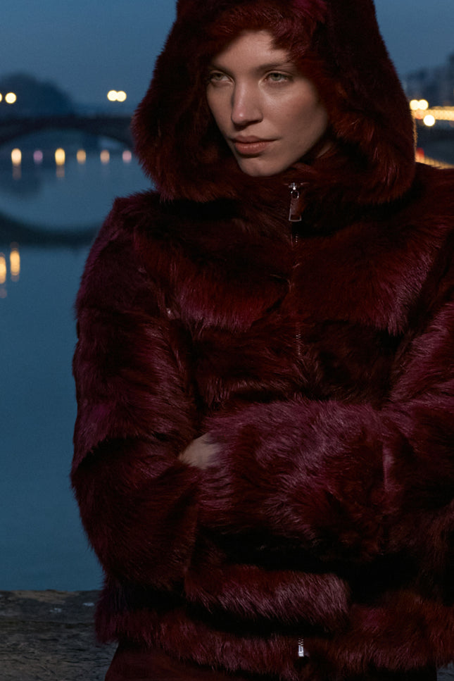 Women's Hooded Curly Toscana Shearling Jacket - Burgundy | Ron Tomson