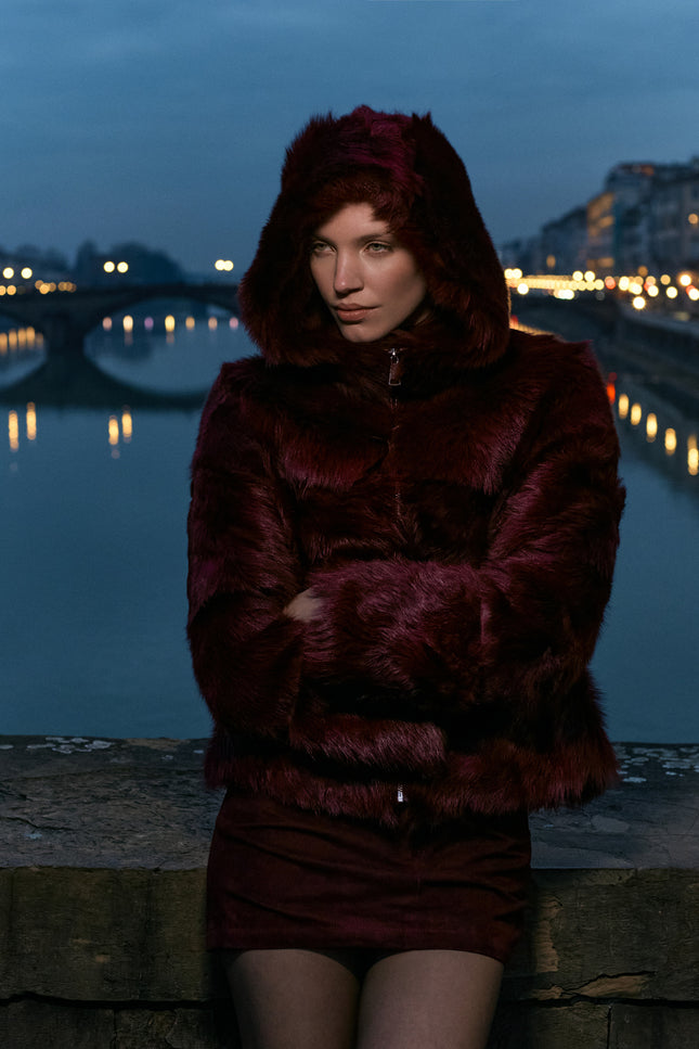 Women's Hooded Curly Toscana Shearling Jacket - Burgundy | Ron Tomson