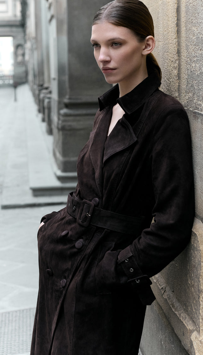 Double Breasted Long Suede Coat - Dark Brown