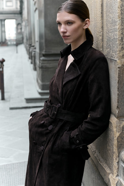Women's Double-Breasted Long Suede Overcoat - Dark Brown | Ron Tomson
