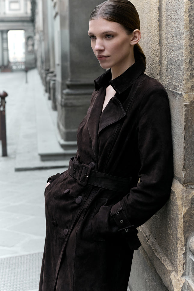 Women's Double-Breasted Long Suede Overcoat - Dark Brown | Ron Tomson
