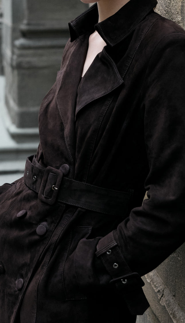 Double Breasted Long Suede Coat - Dark Brown