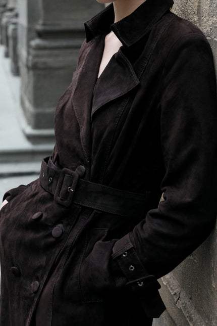 Women's Double-Breasted Long Suede Overcoat - Dark Brown | Ron Tomson