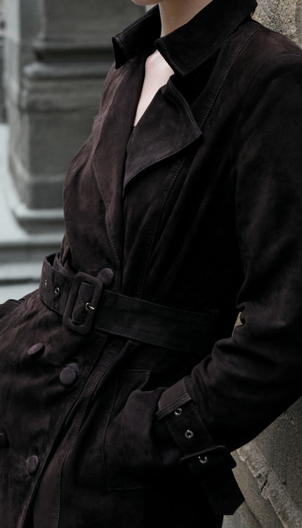 Double Breasted Long Suede Coat - Dark Brown