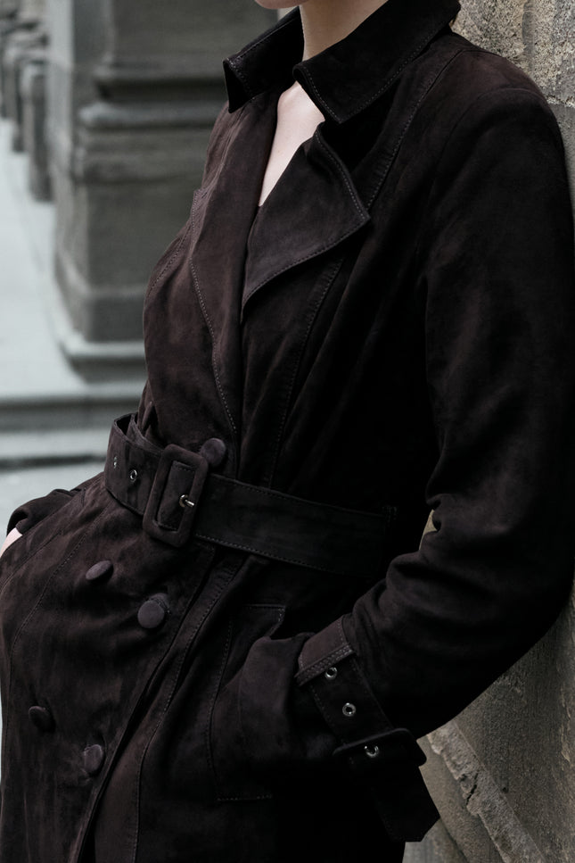 Women's Double-Breasted Long Suede Overcoat - Dark Brown | Ron Tomson