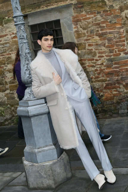 Men's Shearling Lined Long Leather Coat - Light Grey - Ron Tomson