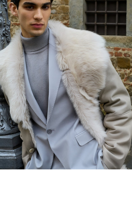 Men's Shearling Lined Long Leather Coat - Light Grey - Ron Tomson Leather
