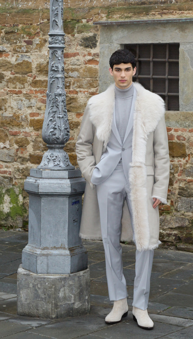 Shearling Lined Long Leather Coat - Light Grey