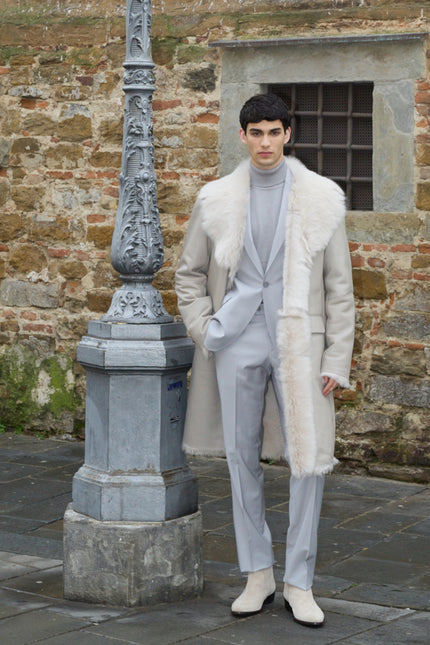 Men's Shearling Lined Long Leather Coat - Light Grey - Ron Tomson Leather