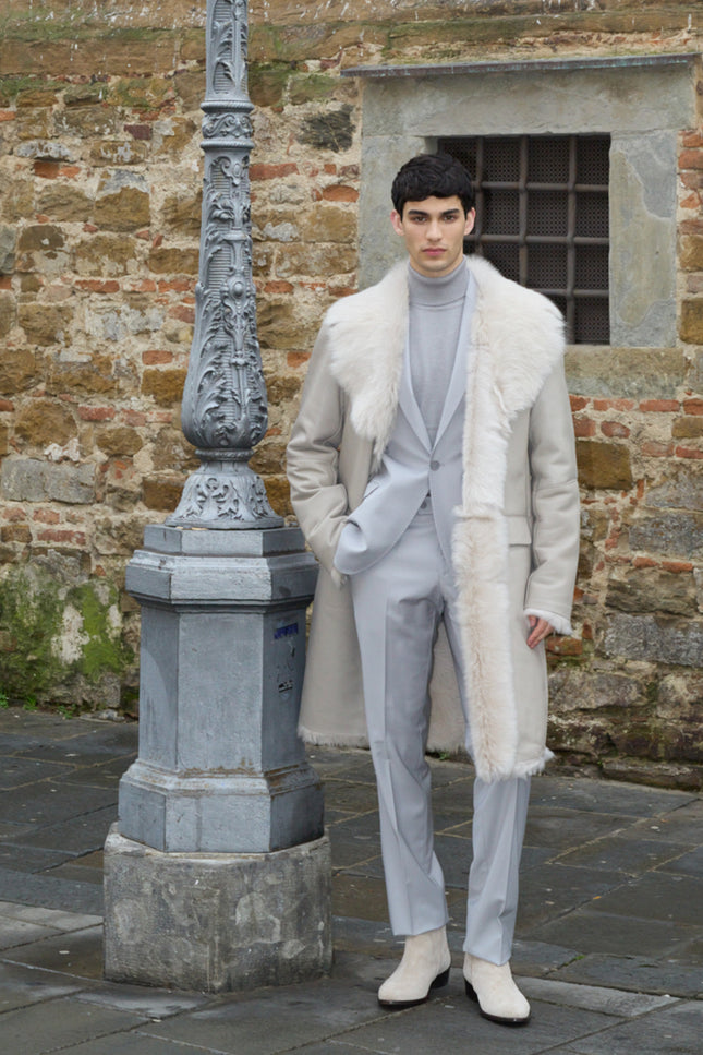Men's Shearling Lined Long Leather Coat - Light Grey - Ron Tomson Leather