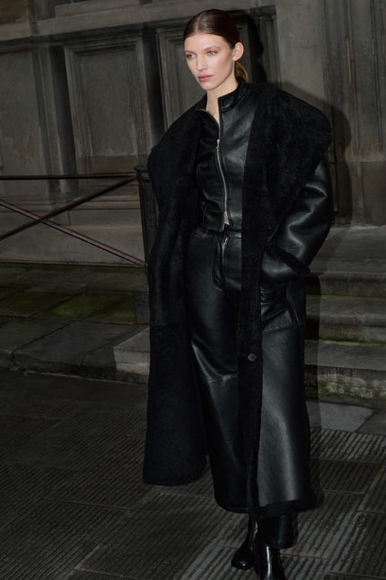 Women's Reversible Shearling Leather Overcoat - Black | Ron Tomson