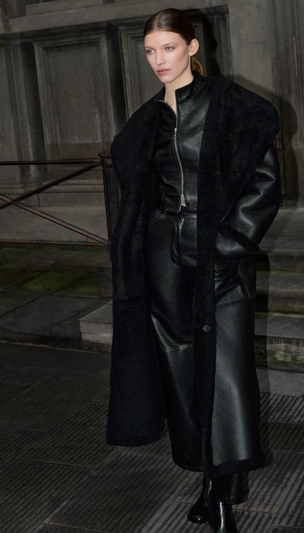 Reversible Shearling and Leather Coat - Black