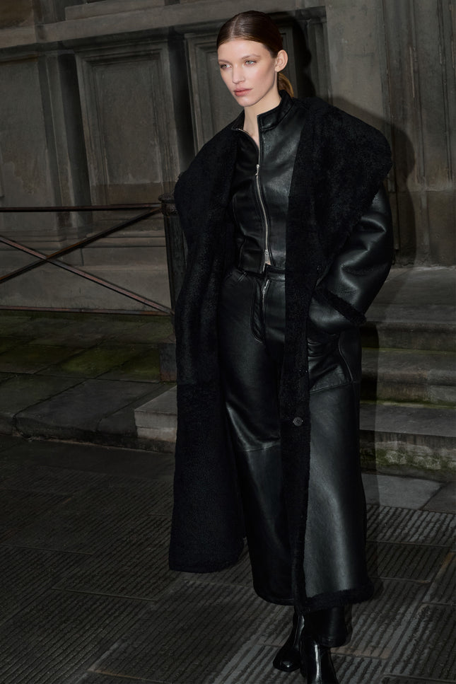 Women's Reversible Shearling Leather Overcoat - Black | Ron Tomson