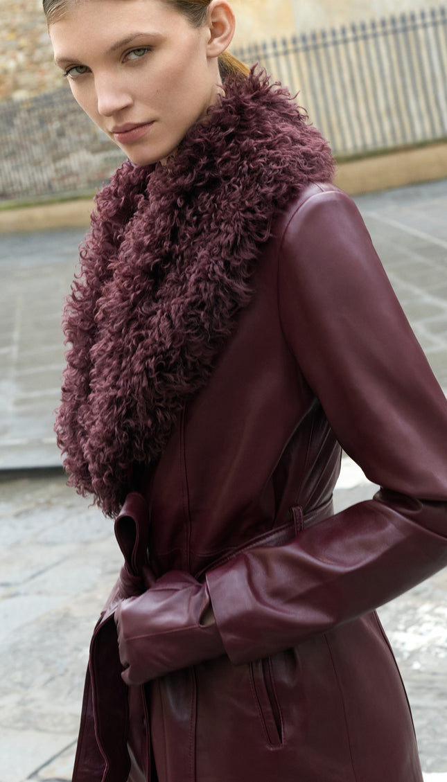Removable Collar Long Leather Coat - Burgundy