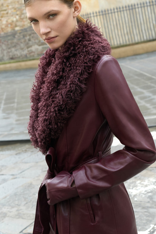 Women's Removable Collar Leather Overcoat - Burgundy | Ron Tomson