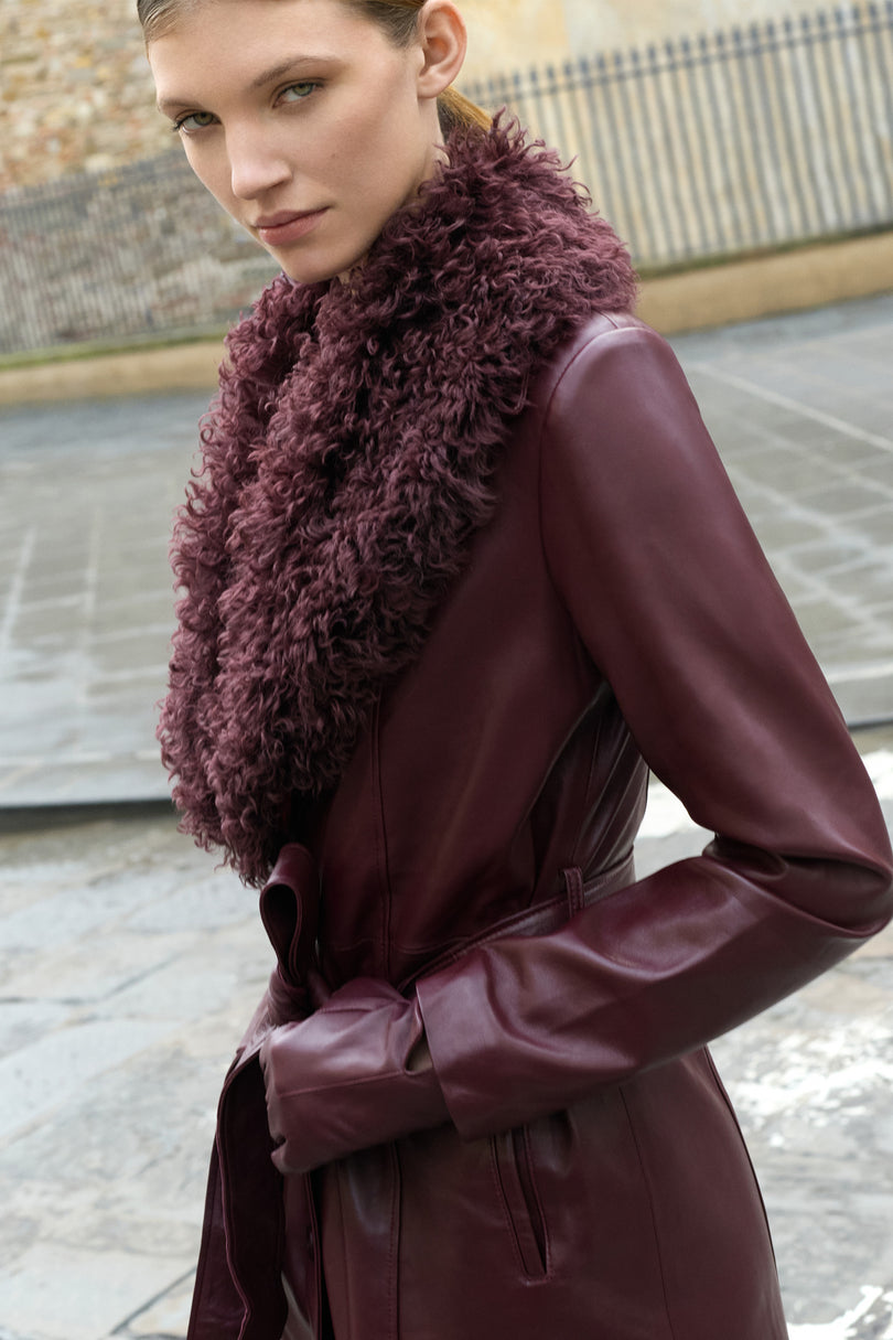 Women's Removable Collar Leather Overcoat - Burgundy | Ron Tomson