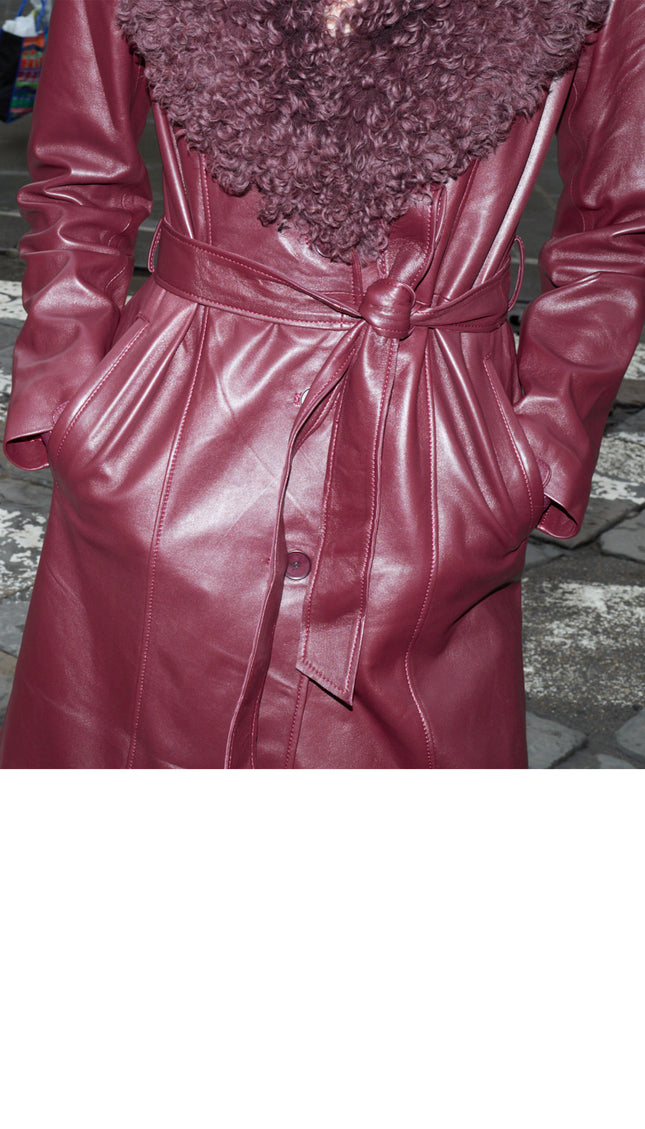 Removable Collar Long Leather Coat - Burgundy