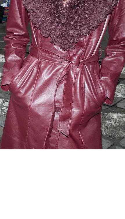 Removable Collar Long Leather Coat - Burgundy