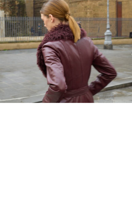 Women's Removable Collar Leather Overcoat - Burgundy | Ron Tomson