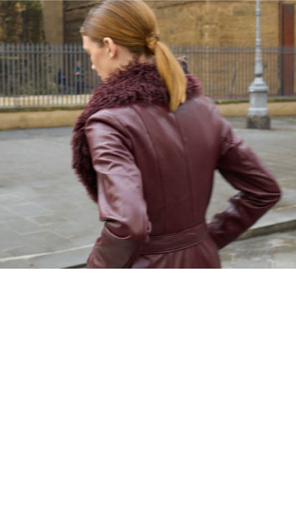 Removable Collar Long Leather Coat - Burgundy