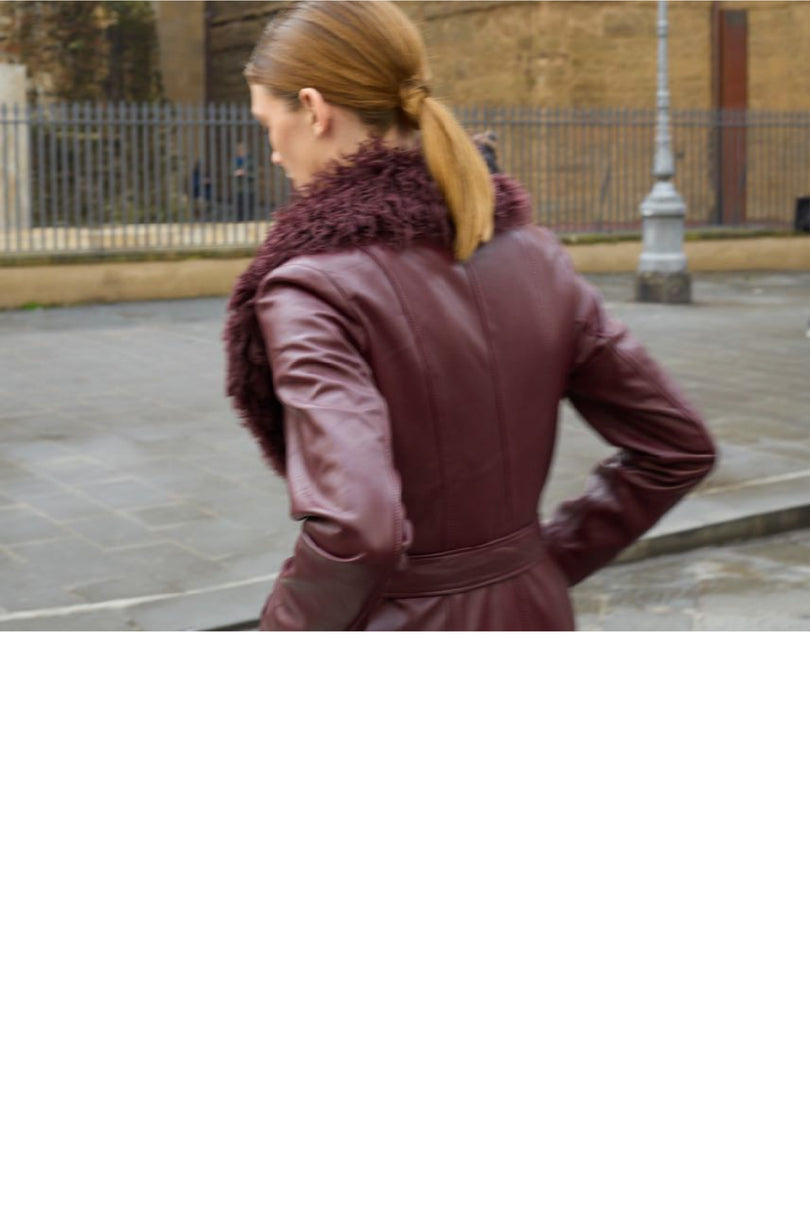 Women's Removable Collar Leather Overcoat - Burgundy | Ron Tomson