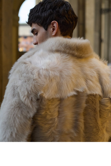 Men's High Collar Toscana Shearling Jacket - Cream - Ron Tomson Leather