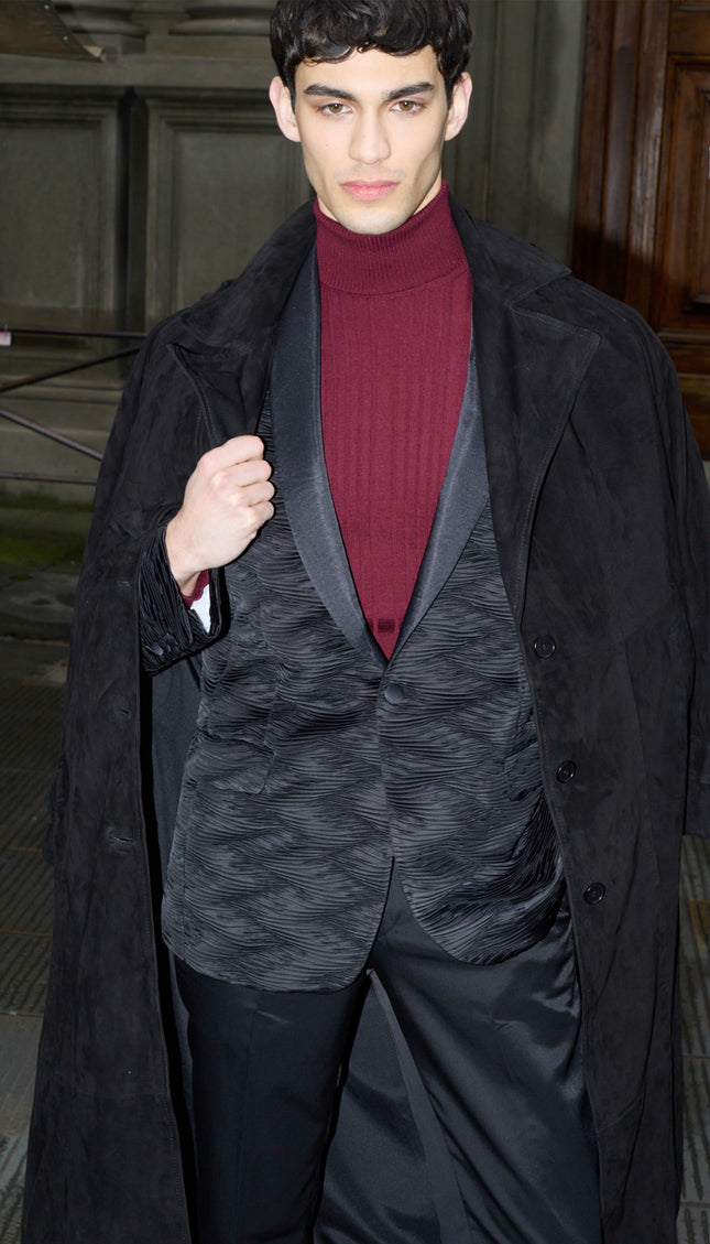 Lambskin Suede Long Trench Coat - Black