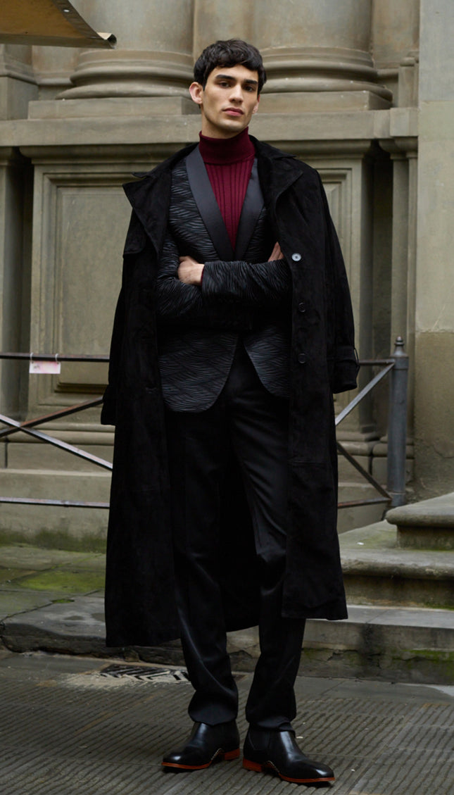 Lambskin Suede Long Trench Coat - Black