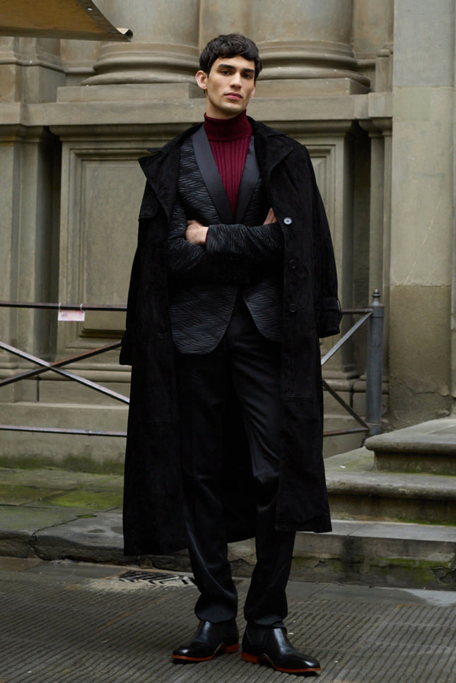Men's Lambskin Suede Long Trench Coat - Black - Leather - Ron Tomson