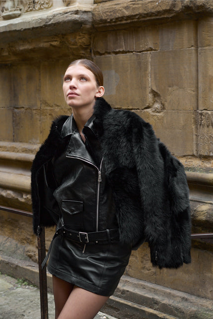 Women's Reversible Cropped Toscana Shearling Jacket - Black | Ron Tomson