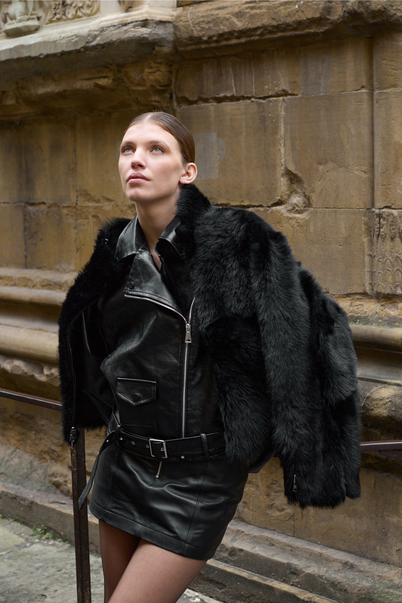 Women's Reversible Cropped Toscana Shearling Jacket - Black | Ron Tomson