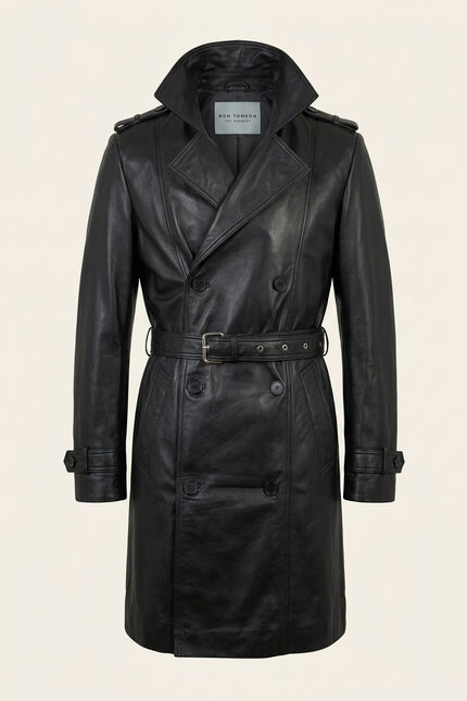 Belted Lambskin Leather Trench Coat - Black - Front