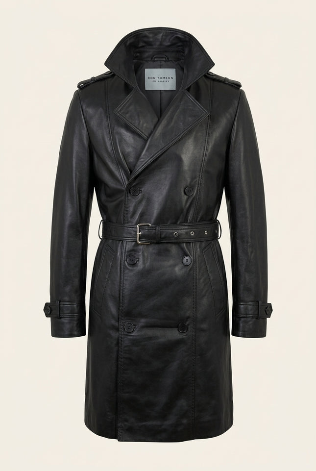Belted Lambskin Leather Trench Coat - Black - Front