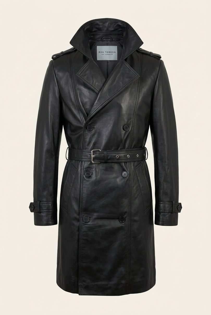 Belted Lambskin Leather Trench Coat - Black - Front