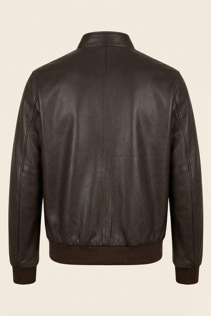 Men's Leather Bomber Jacket - Dark Brown - Back - Ron Tomson